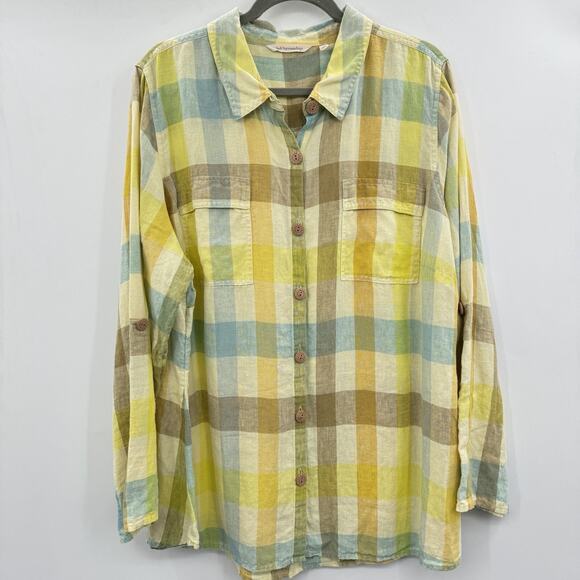 Soft Surroundings Avalon Plaid 100% Linen Button Up Shirt 2X Yellow Green Relax - Picture 1 of 7